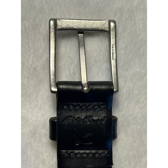 Eddie Bauer Mens 40 Black Genuine Leather Dress Belt Silver Gold Brass Buckle - Picture 3 of 15